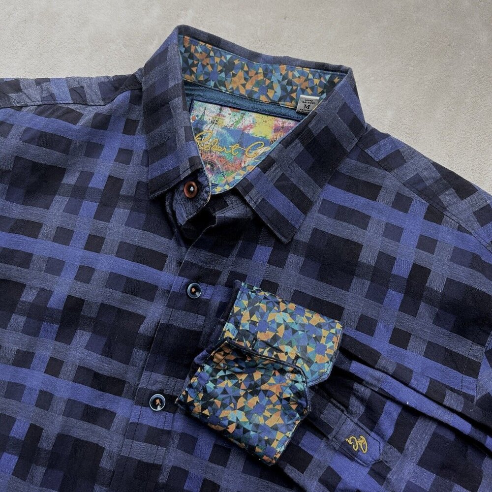 Robert Graham M Geometric Plaid Flip Cuff Long Sleeve Shirt Navy Blue Classic